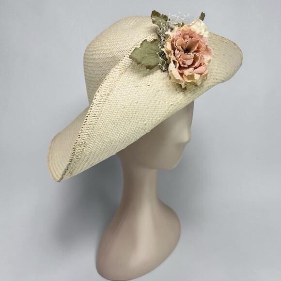 Vintage 80s Floral Straw Sun Hat Wide Brim Cottagecore Garden Party main image 6